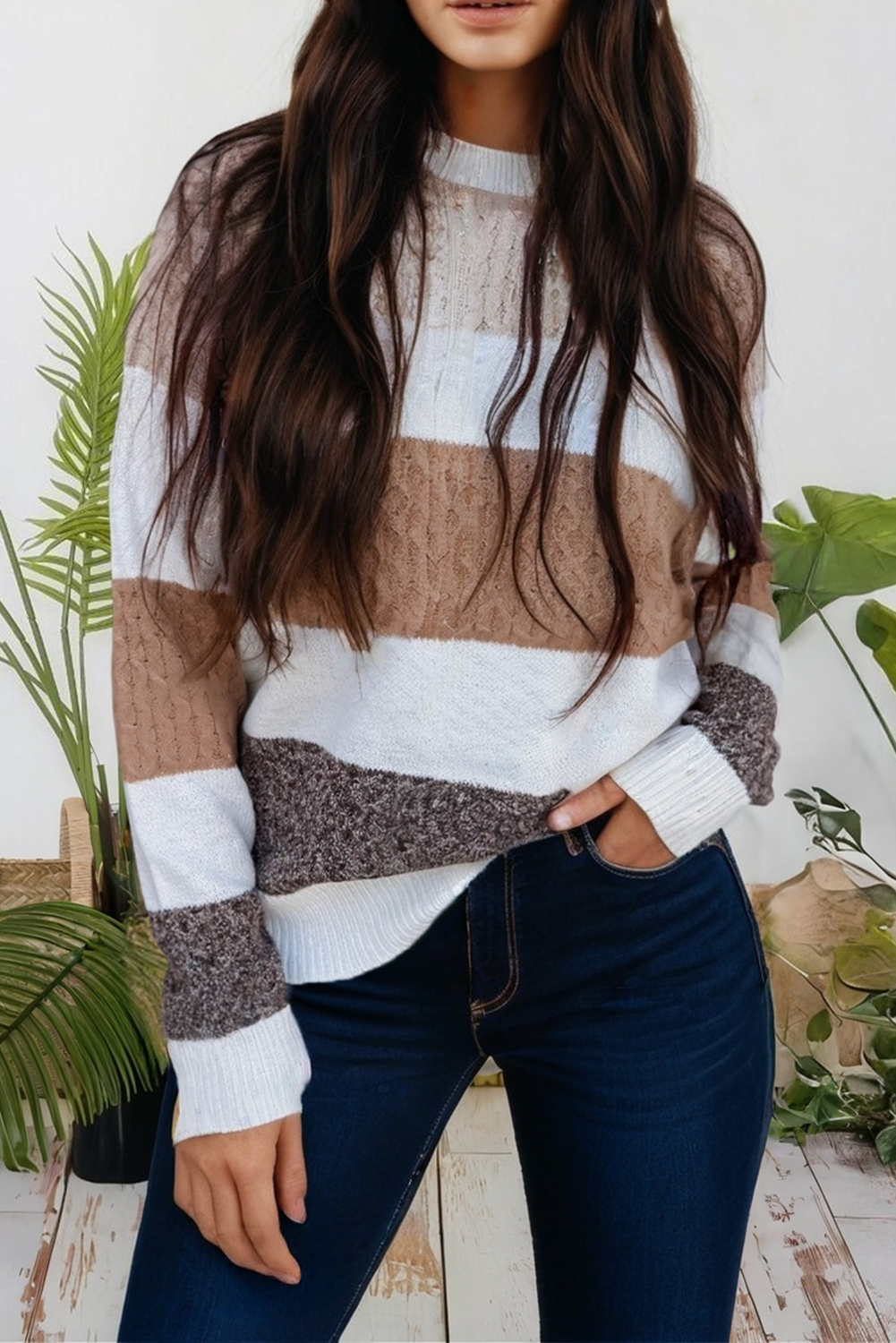 Mixed Texture Knit Striped Color Block Loose Sweater