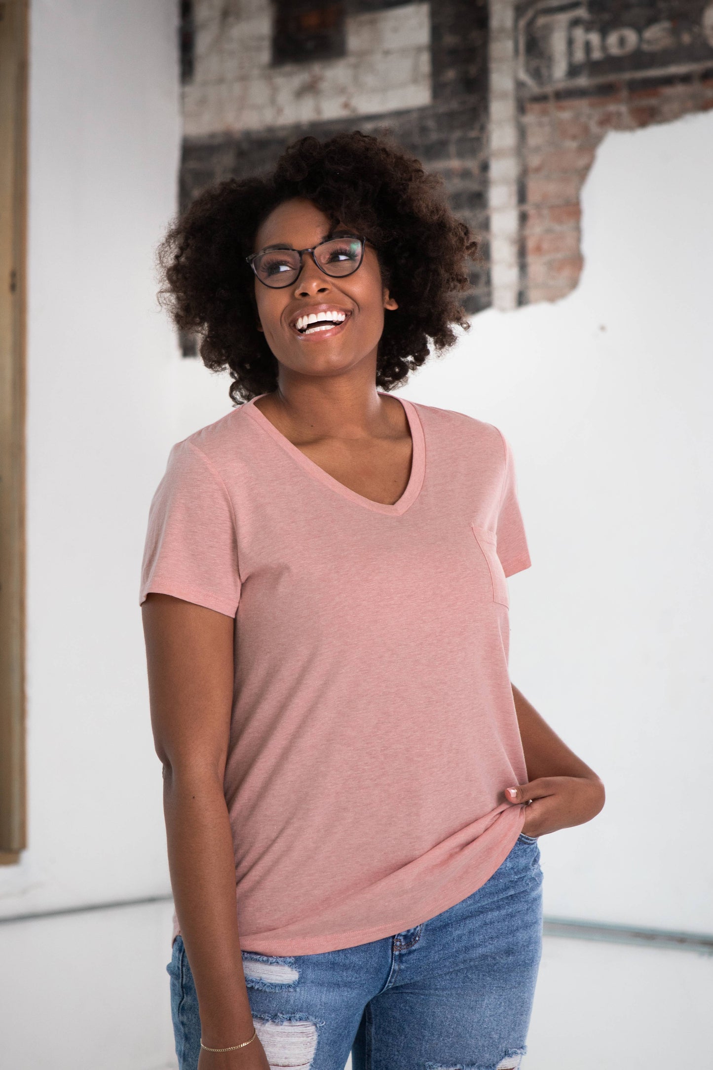 Ladies Drop Hem V-Neck Pocket Tee