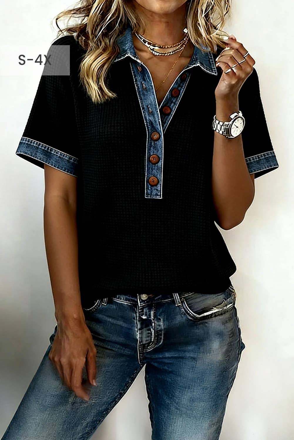 Waffle Knit Denim Patchwork Plus Size Polo Collar Top (S-4X)
