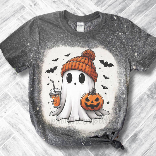 Fall Ghost Bats Pumpkin Bleached Shirt  Trendy Plus Size