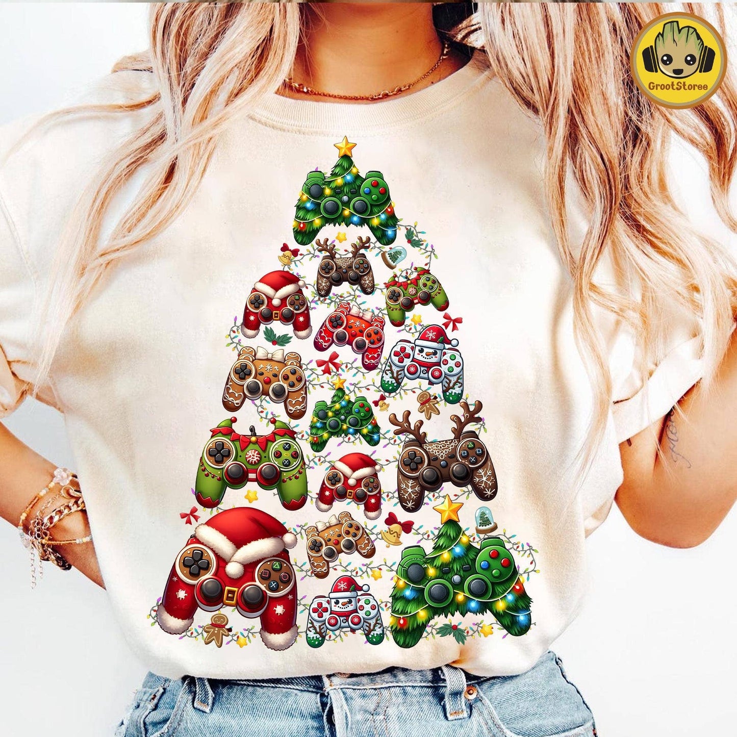 Santa Gamer Christmas Controller Xmas Tree Holiday Shirt