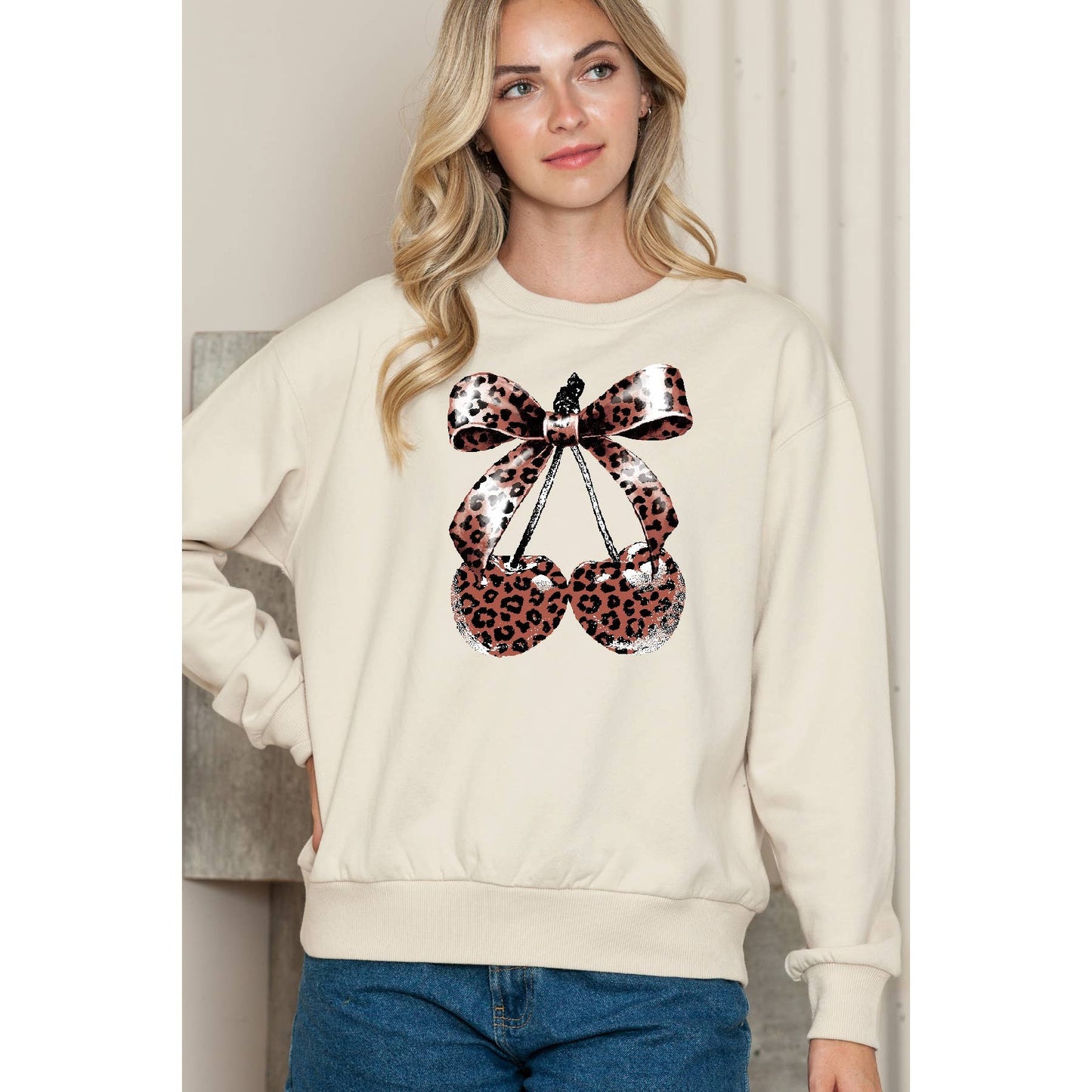Leopard Bow Cherry Crewneck Sweatshirt