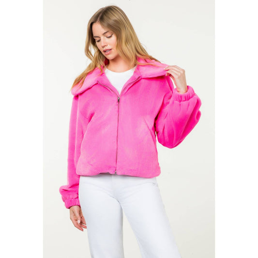 Faux Fur Zip Up Wide Collar Jacket