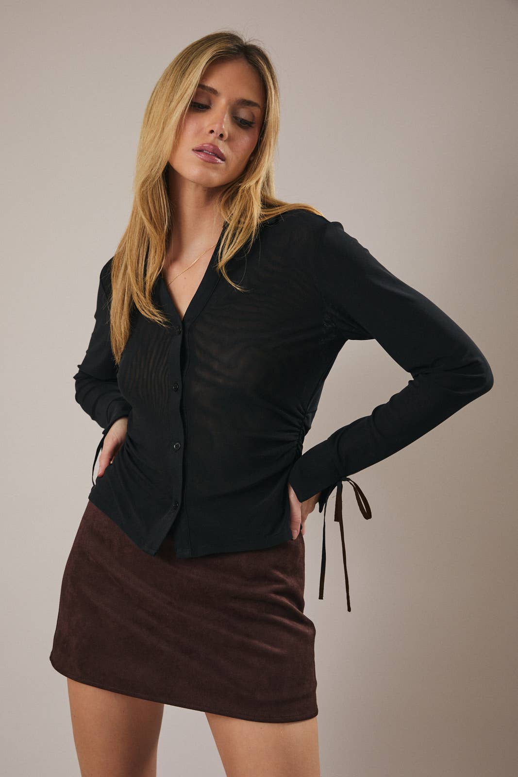 V-Neck Long Sleeve Collared Button Down Mesh Shirt