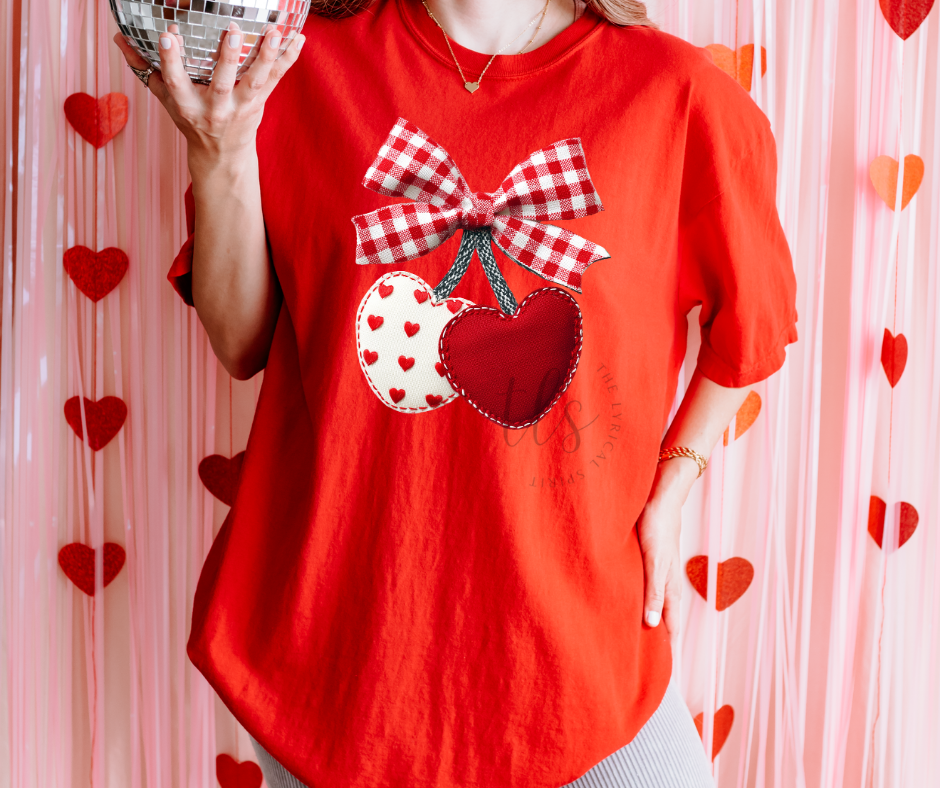 Patchwork Cherry Hearts Valentine's Comfort Colors T-Shirt