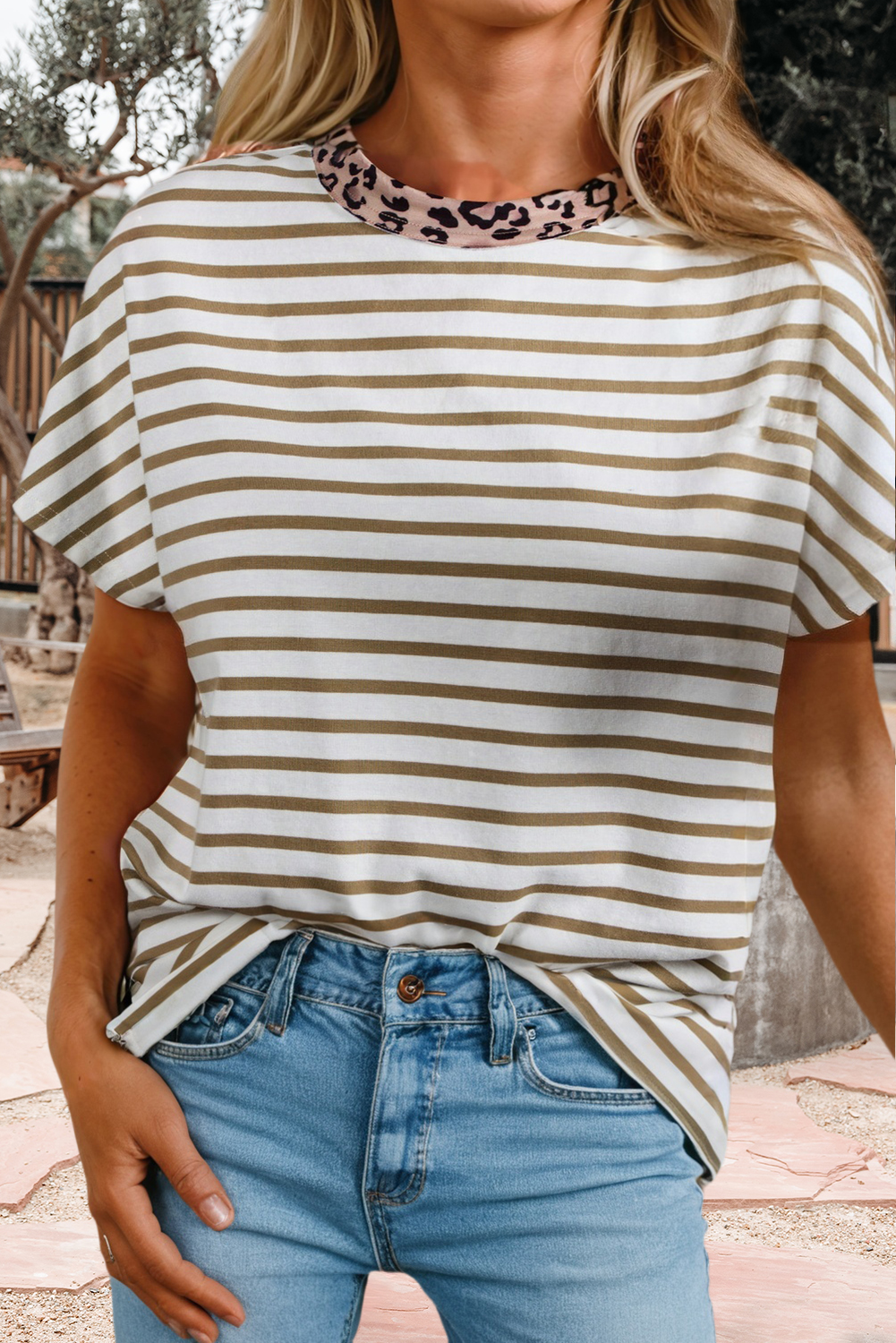 Stripe Leopard Patchwork Round Neck Loose T Shirt (S-Xl)