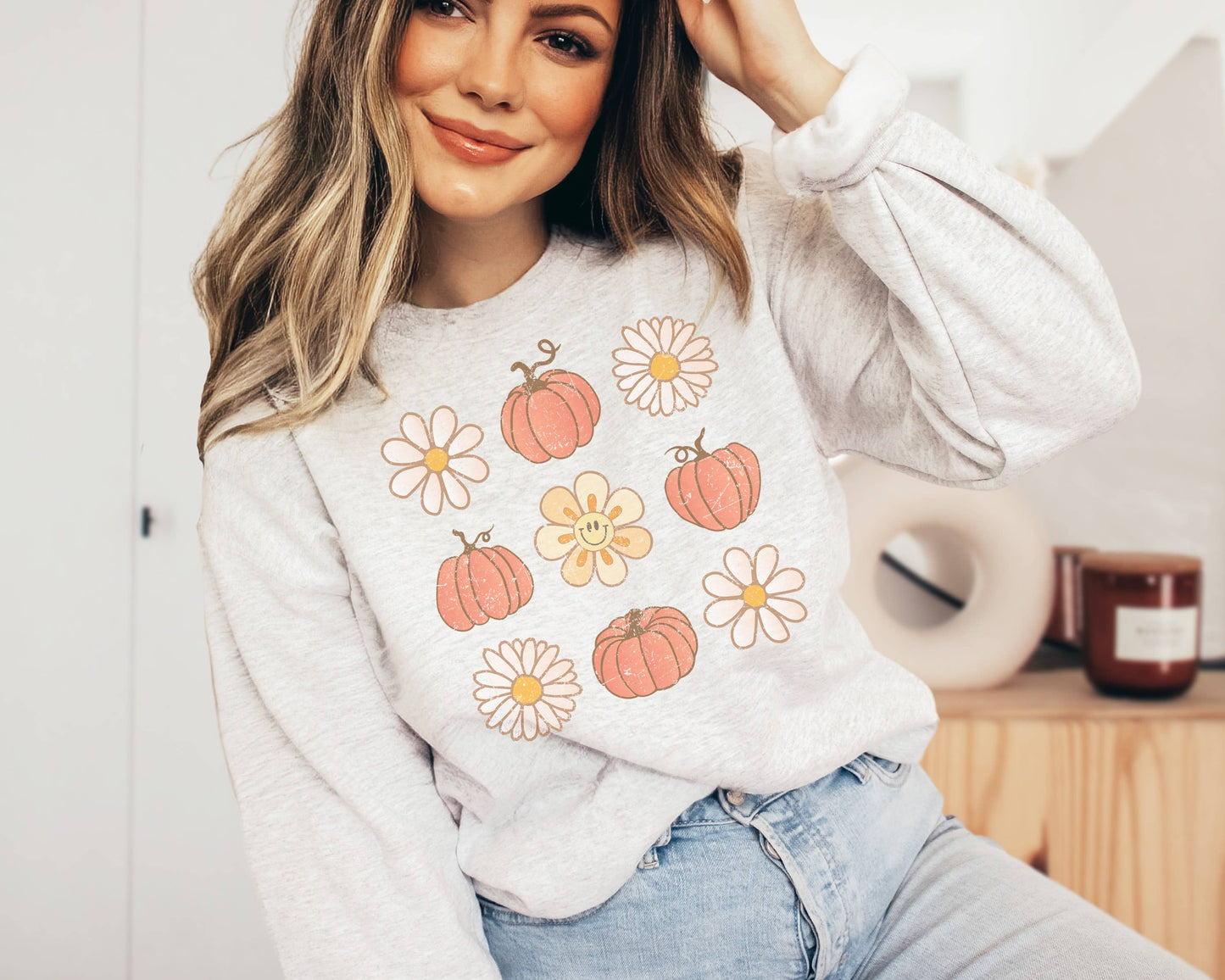 Vintage Pumpkins and Flowers Crew Neck Sweatshirt