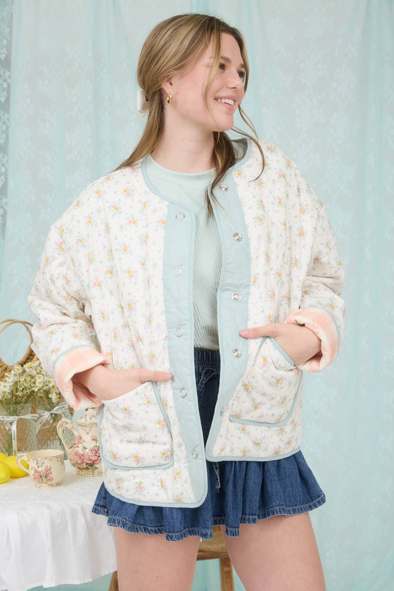 Floral Quilted Plaid Lined Jacket
