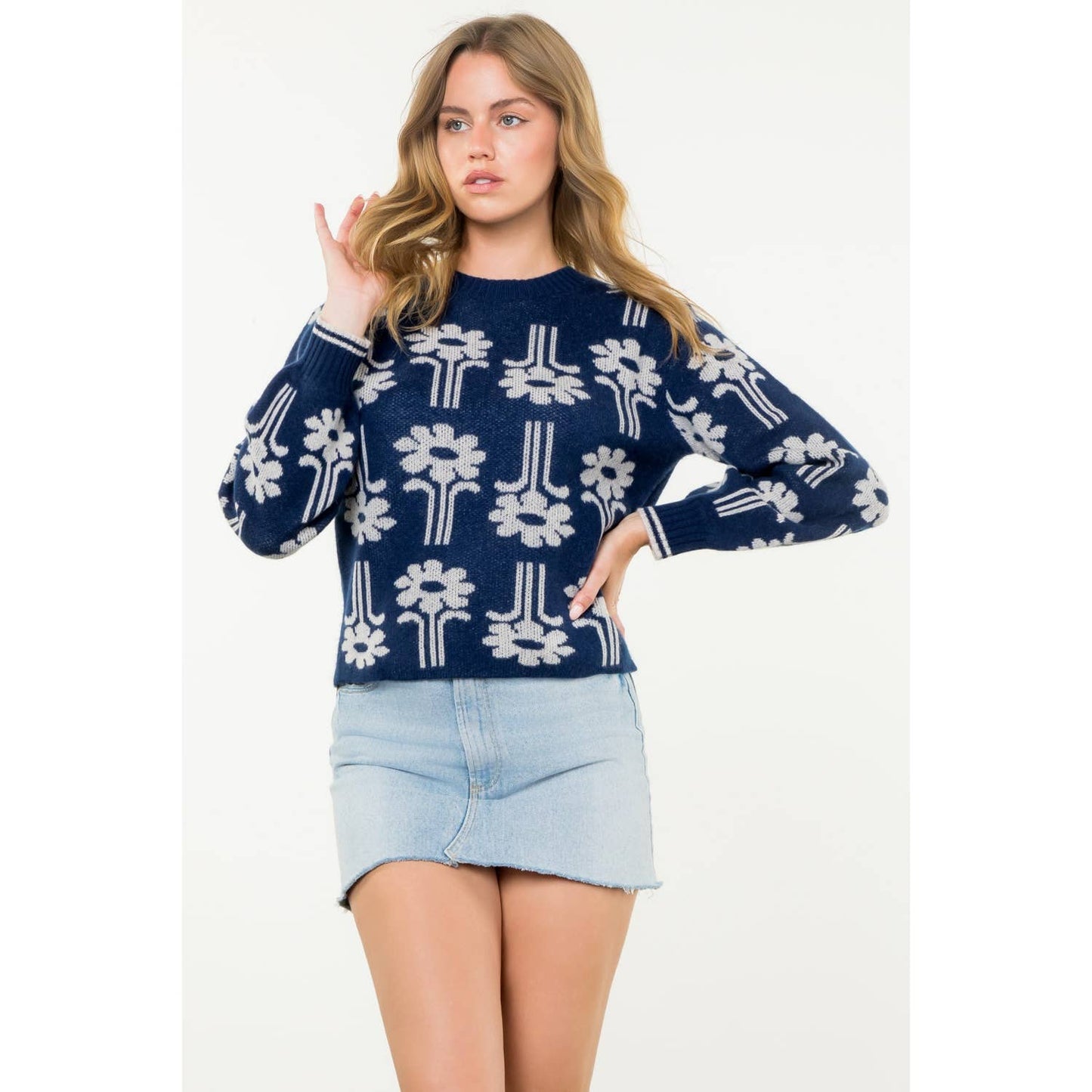 Floral Jacquard Long Sleeve Knit Sweater