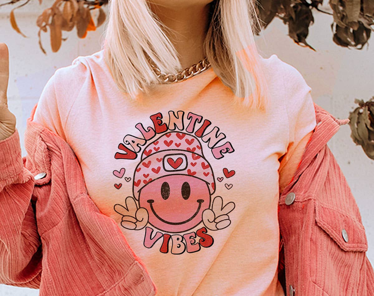 Valentine Vibes Smiley Peace - Valentine's Day T-Shirt