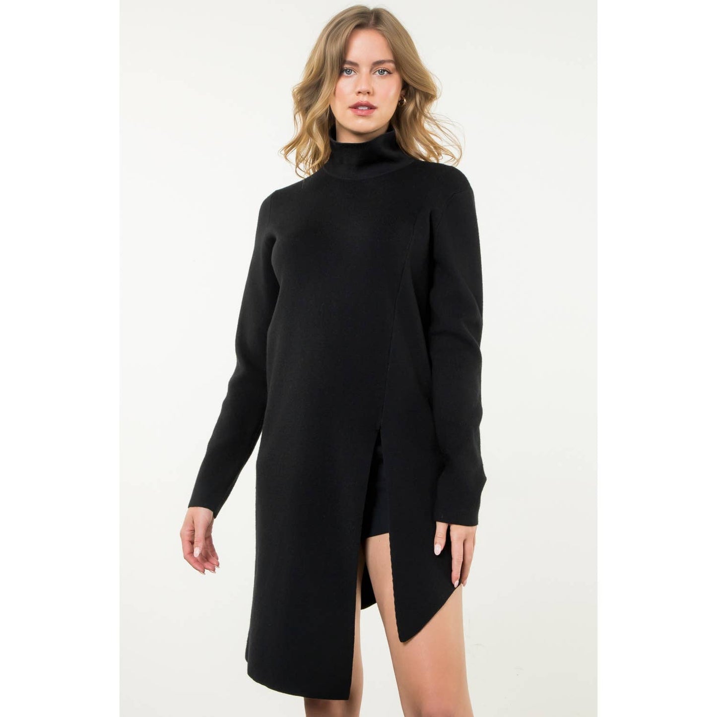 Turtleneck Slit Sweater Dress