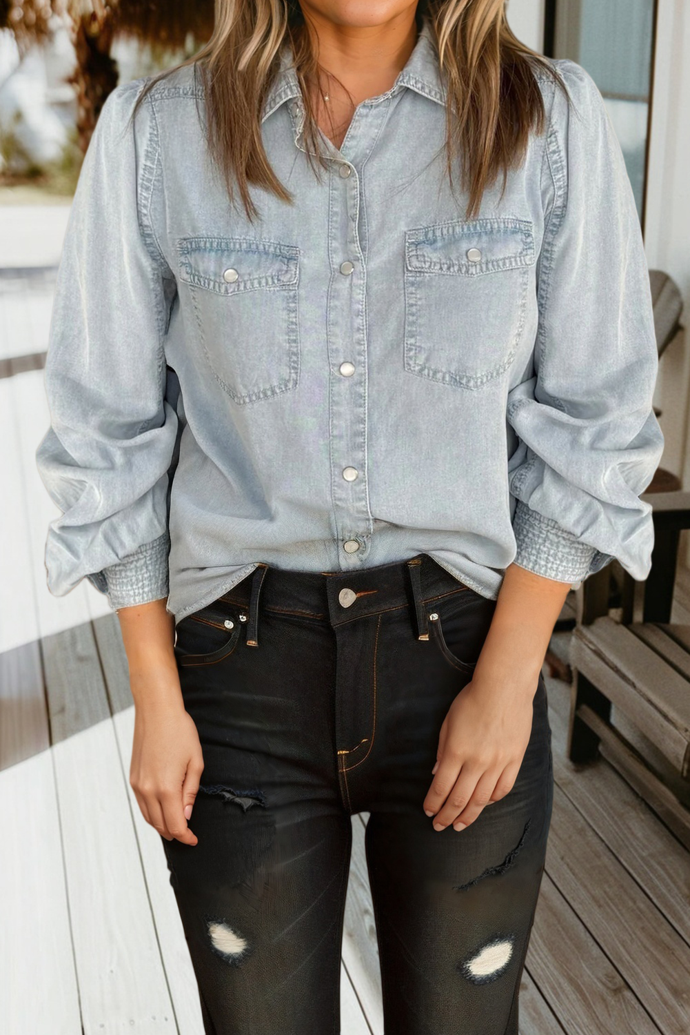Double Flap Pocket Long Sleeve Chambray Shirt (S-Xl)