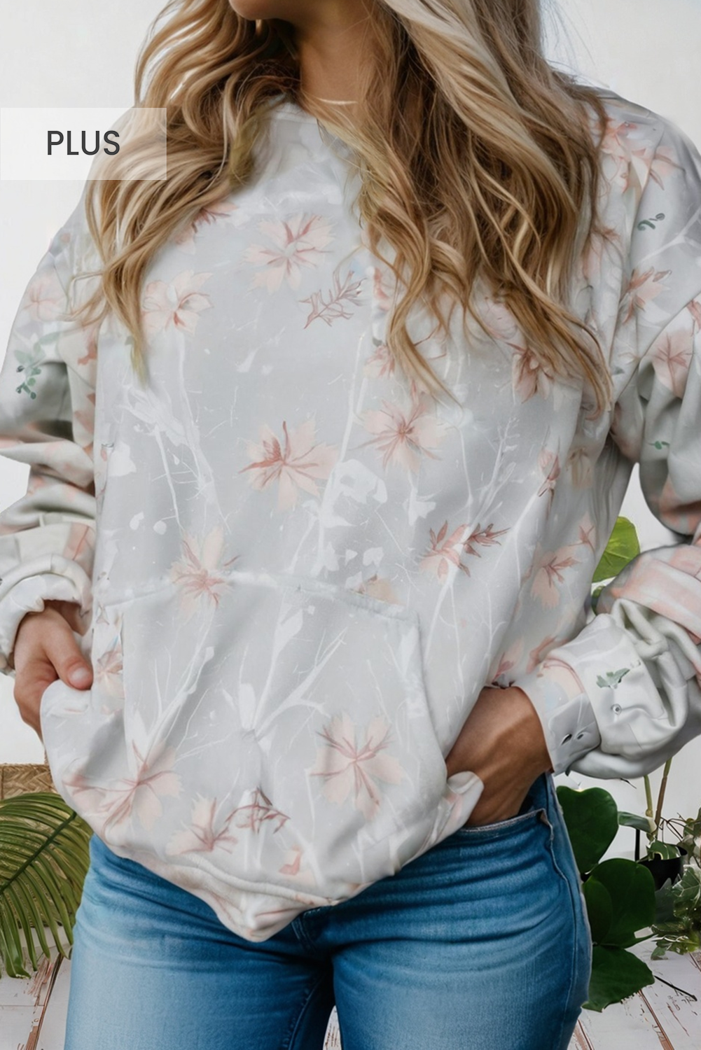 Womens Chilly Day Floral Print Plus Size Loose Hoodie