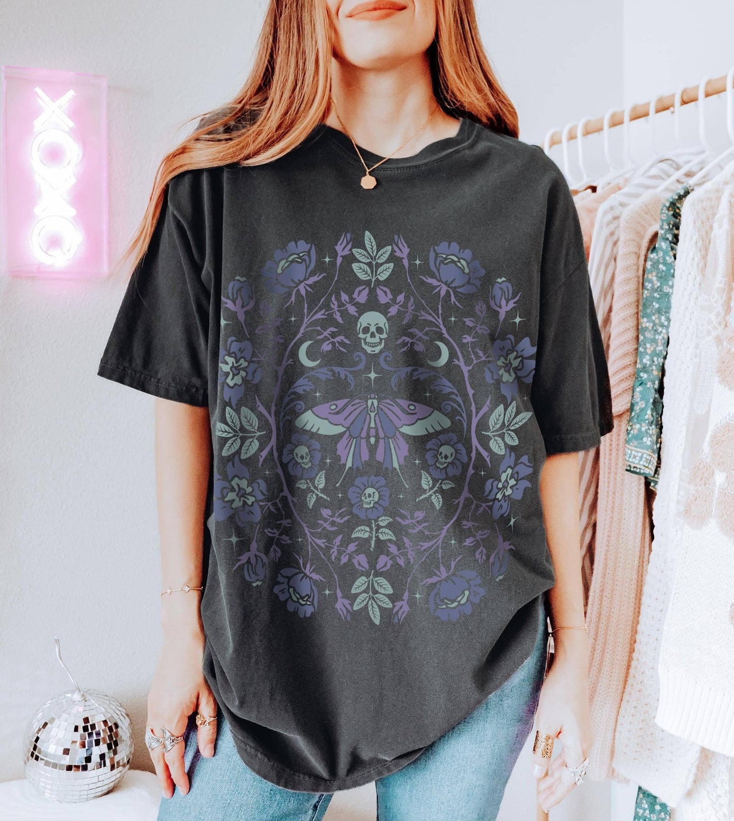 Botanical Butterfly Skull Dark Academia Floral Gothic Tee