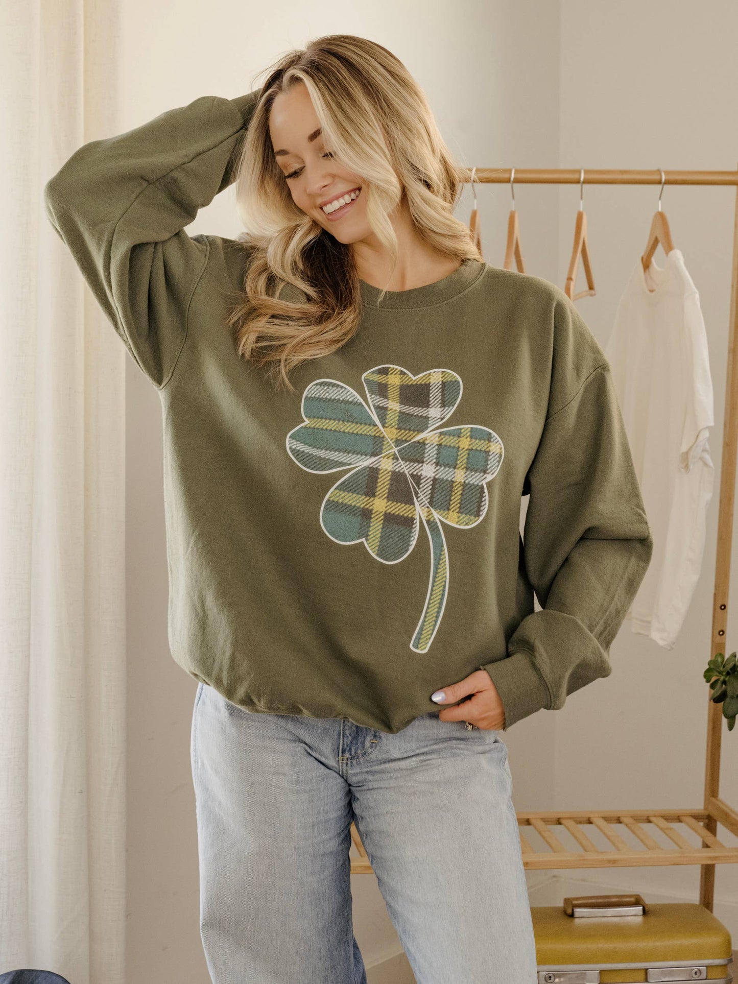 Plaid Tartan 4 Leaf Clover St. Paddy's Thrifted Sweatshirt