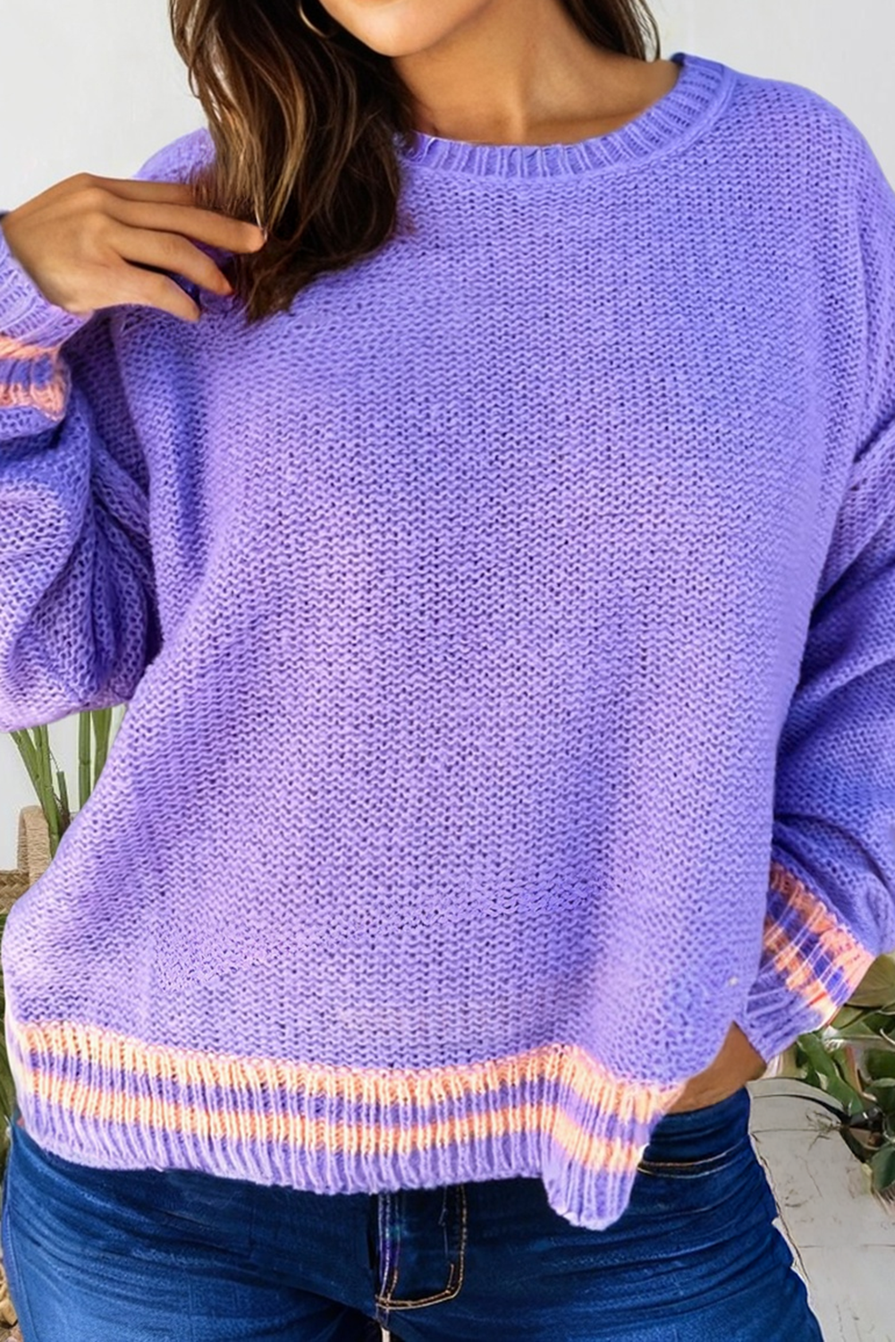 Plus Size Striped Trim Drop Shoulder Knit Loose Sweater