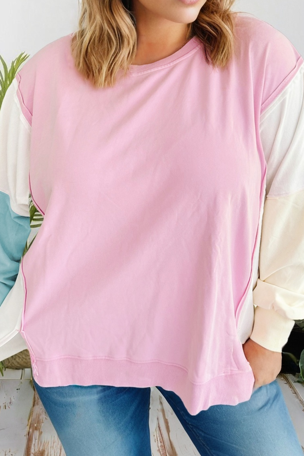 Colorblock Patchwork Drop Shoulder Plus Size Sweatshirt