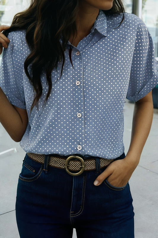 Dotted Print Cuffed Short Sleeve Shirt (S-Xl)