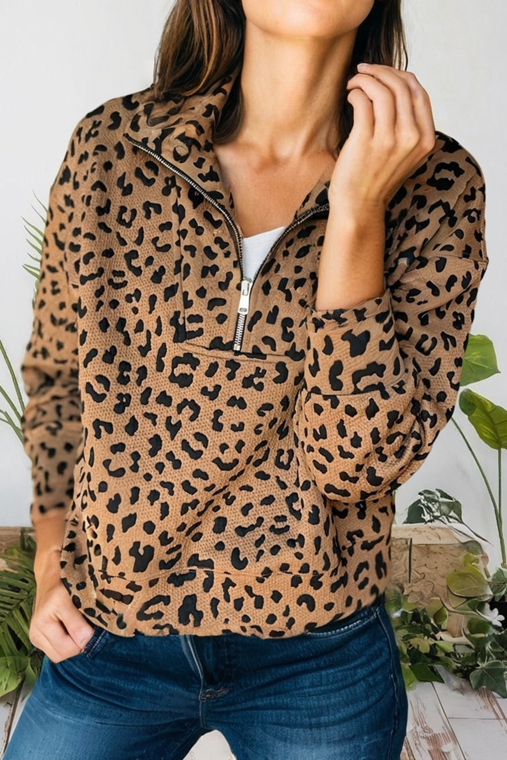 Leopard Print Half Zip Long Sleeve Sweatshirt (S-Xl)