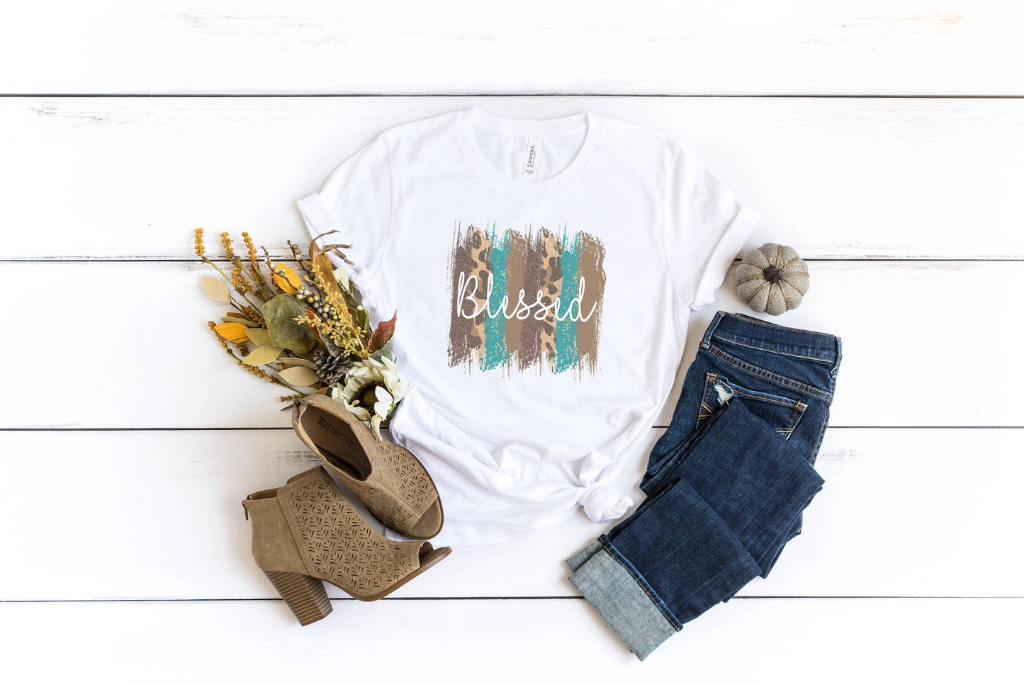 Leopard and Teal Blessed Screen Printed T-Shirt