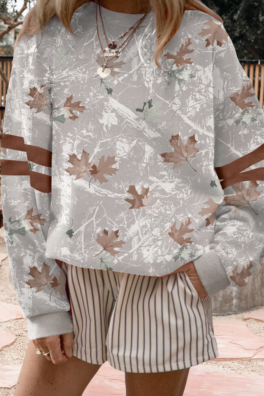 Maple Leaf Camo Print Striped Sleeve Sweatshirt (S-Xl)