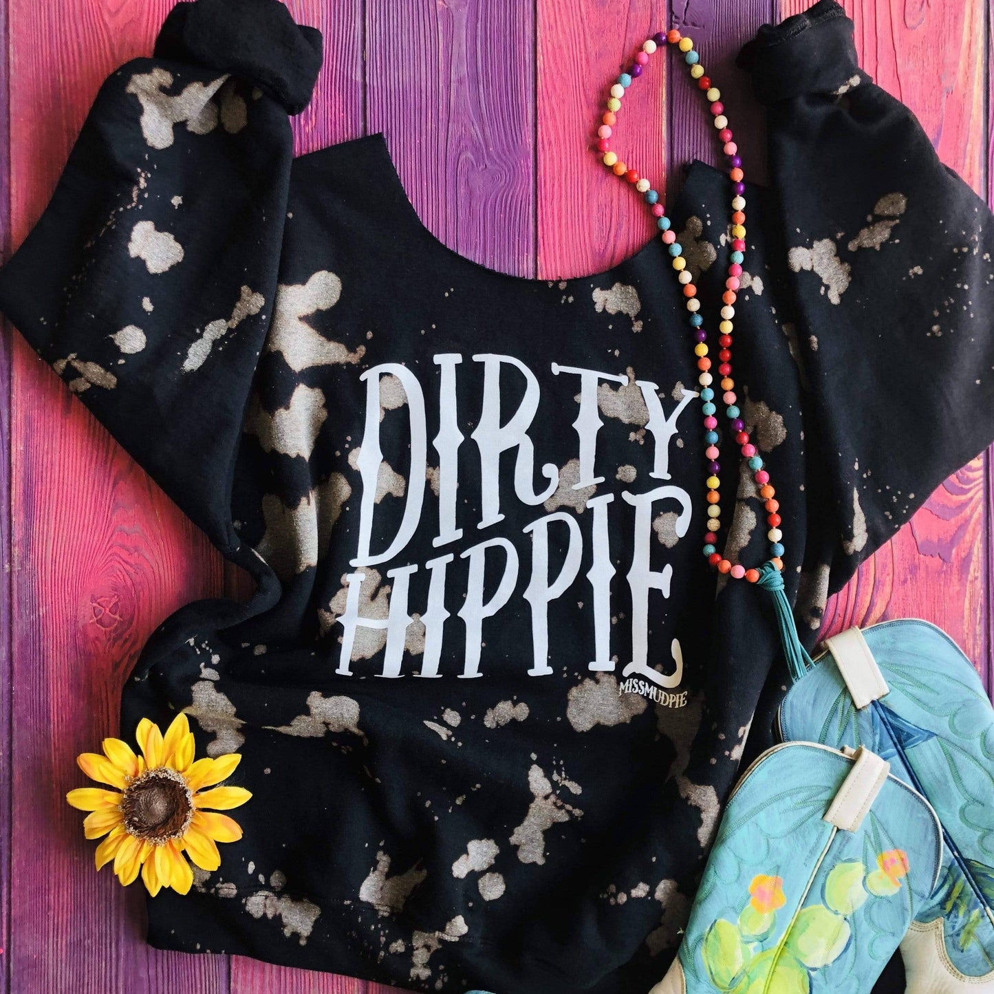 Dirty Hippie Raw Edge Scoop Neck Bleached Sweatshirt