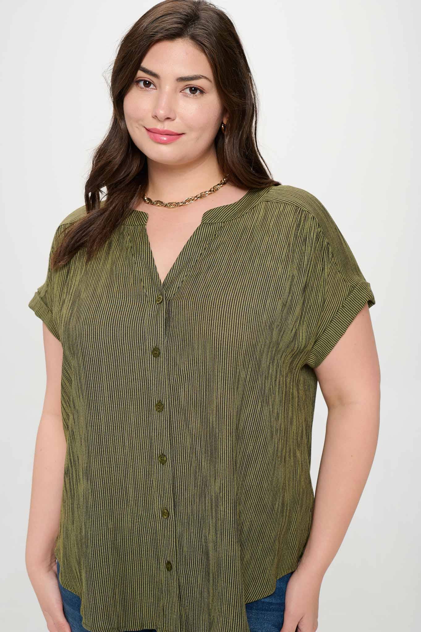 Plus Pinstripe Short Cuff Sleeve Button Down Shirt