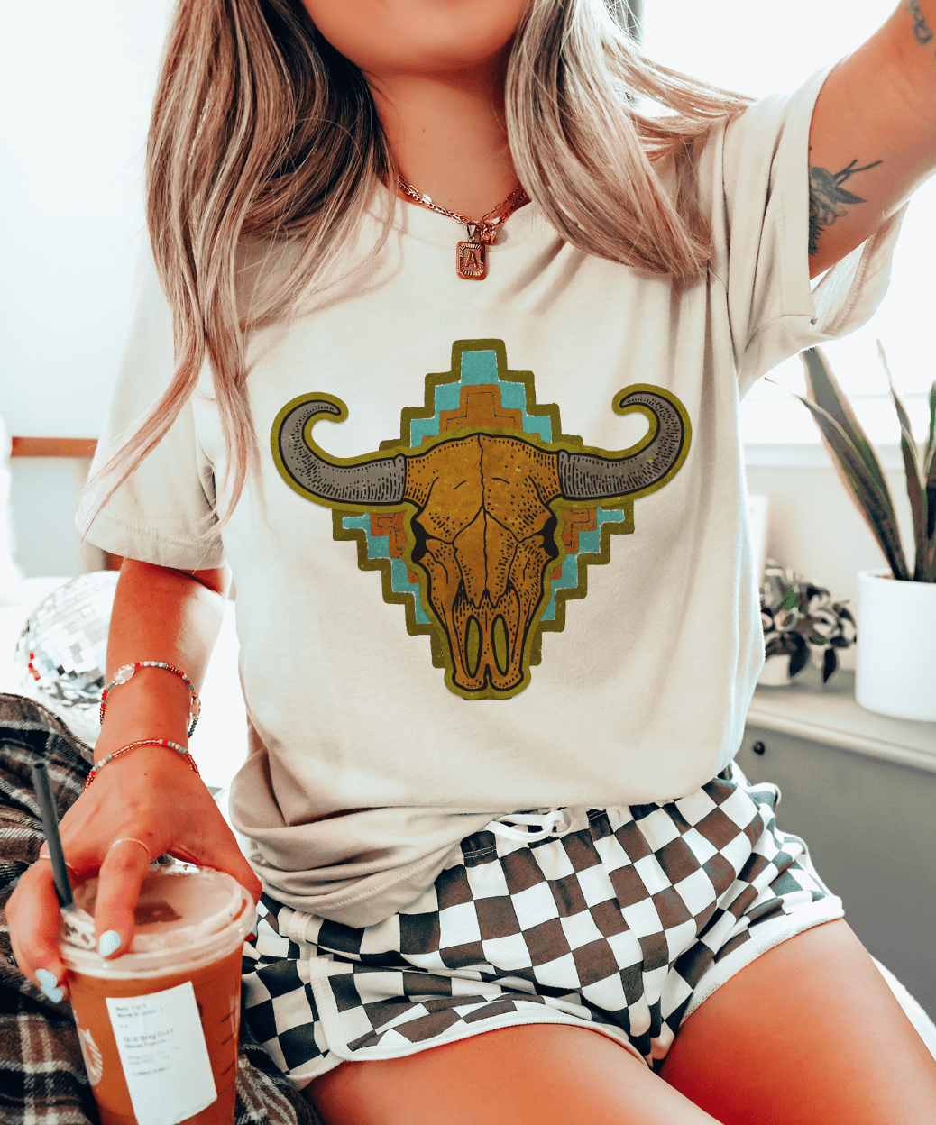 Aztec Cow Skull - Cream Tee