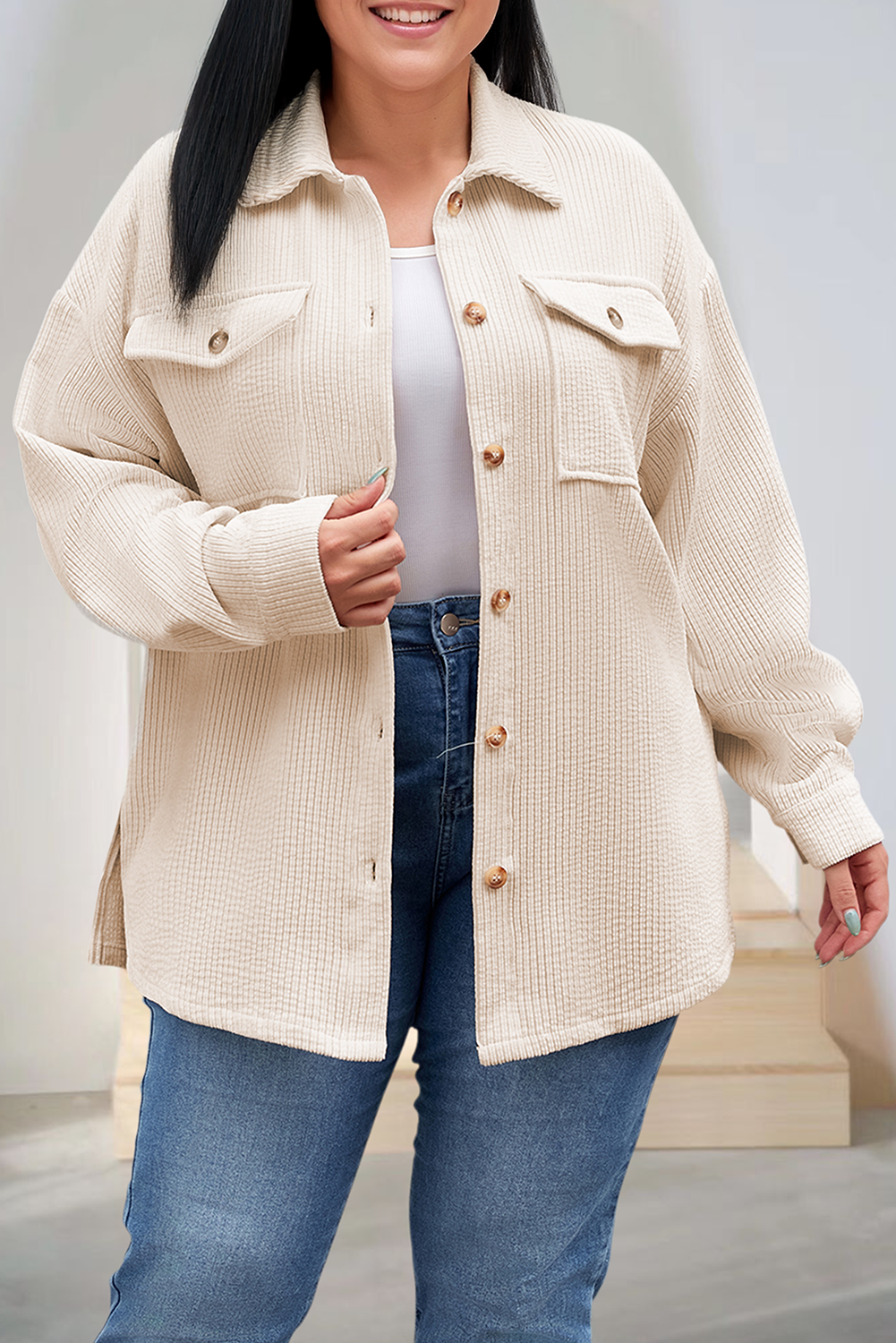 Corduroy Flap Pockets Button Up Shirt Shacket Women(S-2XL)