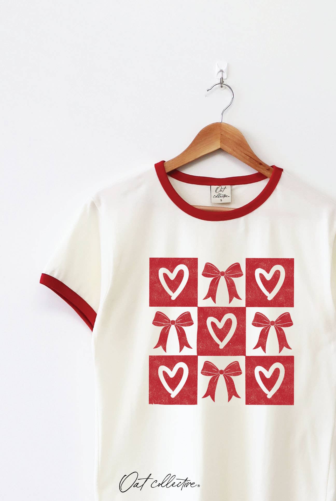 Bow and Heart Grid Ringer Graphic T-Shirt