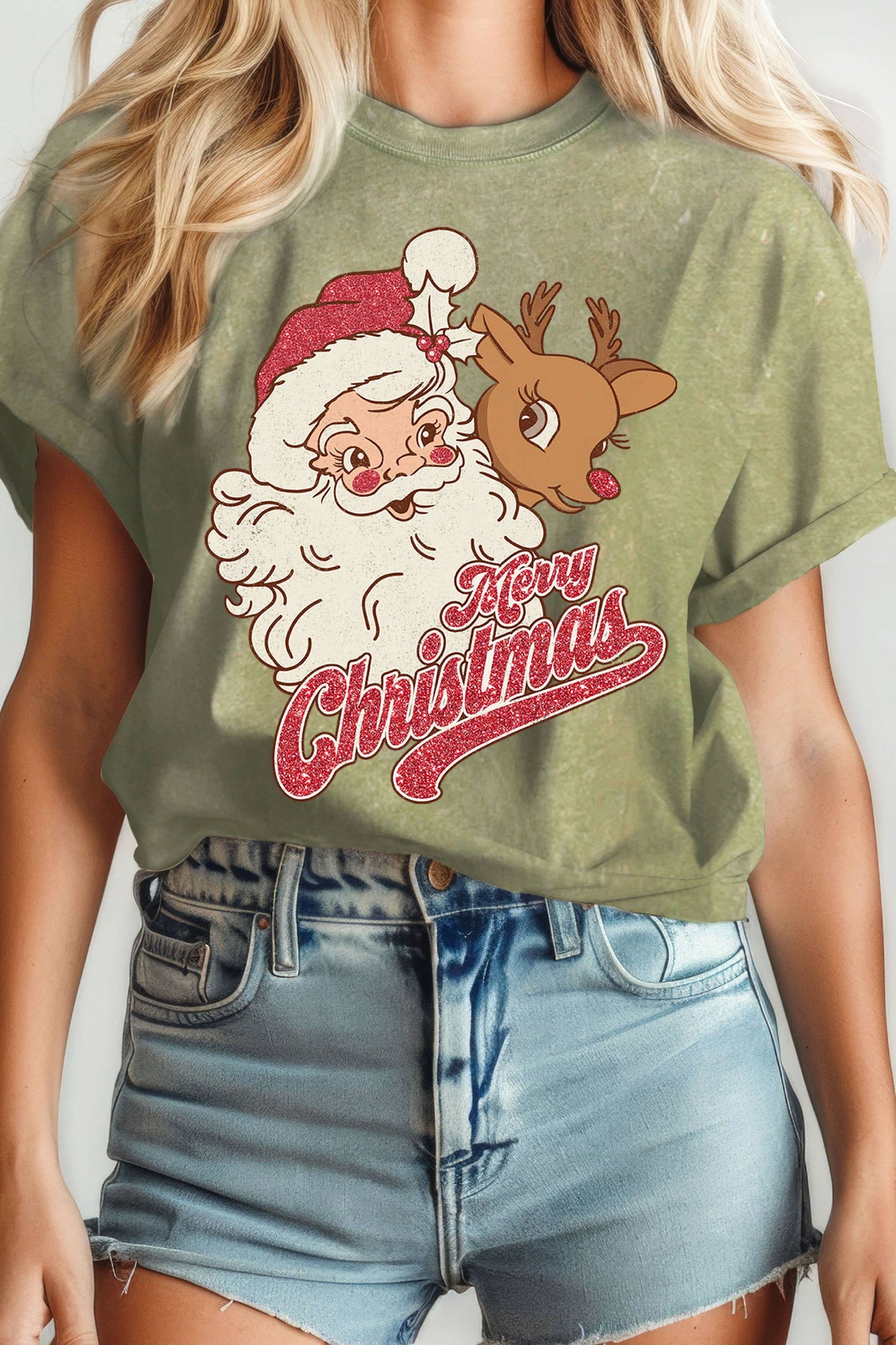 Merry Christmas Santa Rudolph Glitter Mineral Graphic Tee