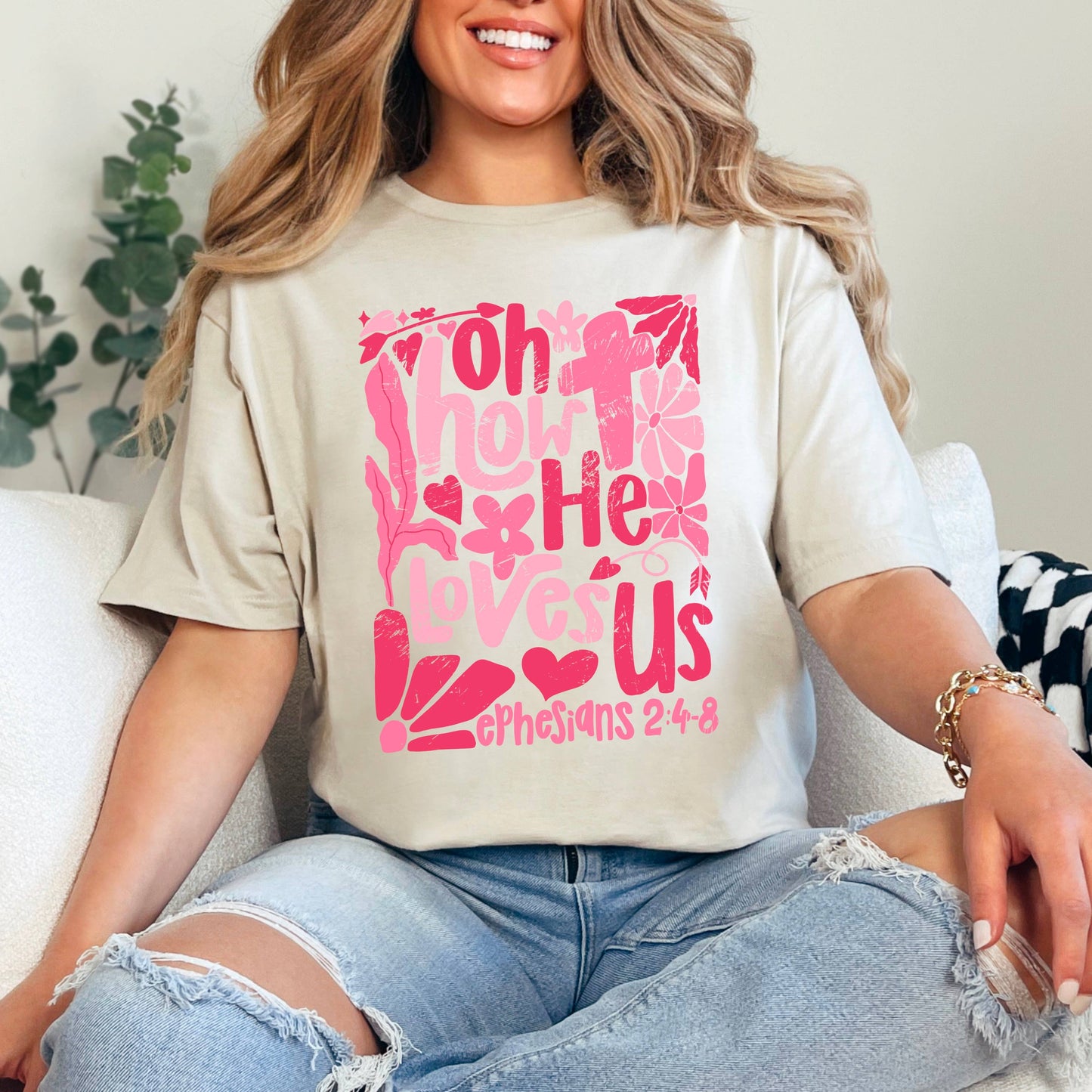Oh How He Loves Us Boho Floral  Graphic Shirt  | Gildan
