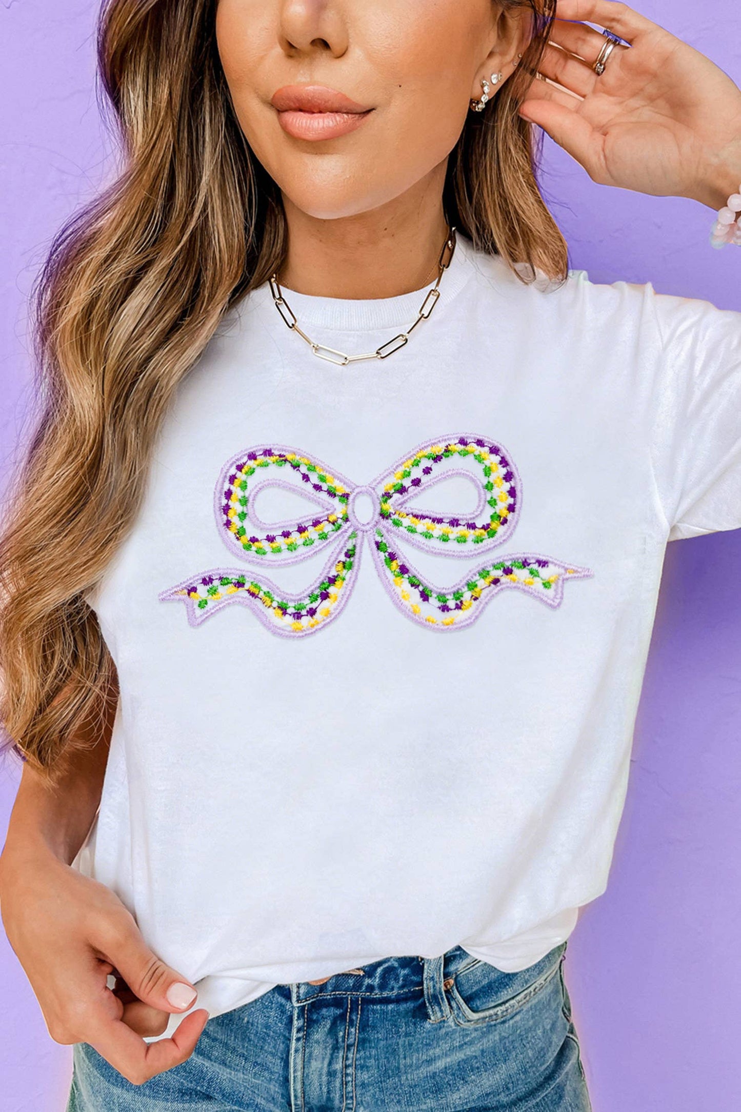 Mardi Gras Color Embroidered Bow Casual T Shirt (S-Xl)