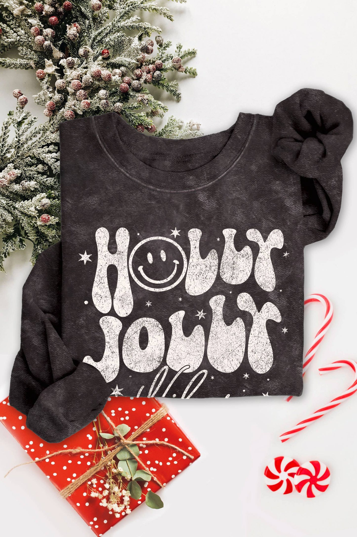 Holly Jolly Vibes Smile Graphic Mineral Brushed Sweatshirt