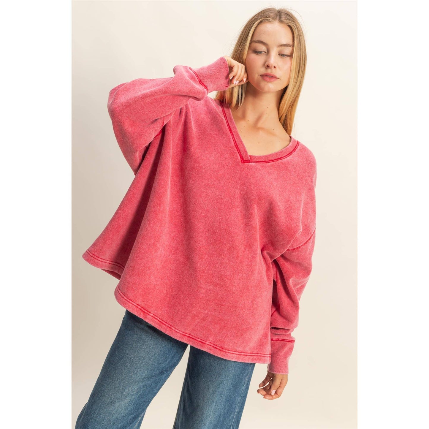 Oversized V-Neck Sweatshirt with Raw Edge Detail