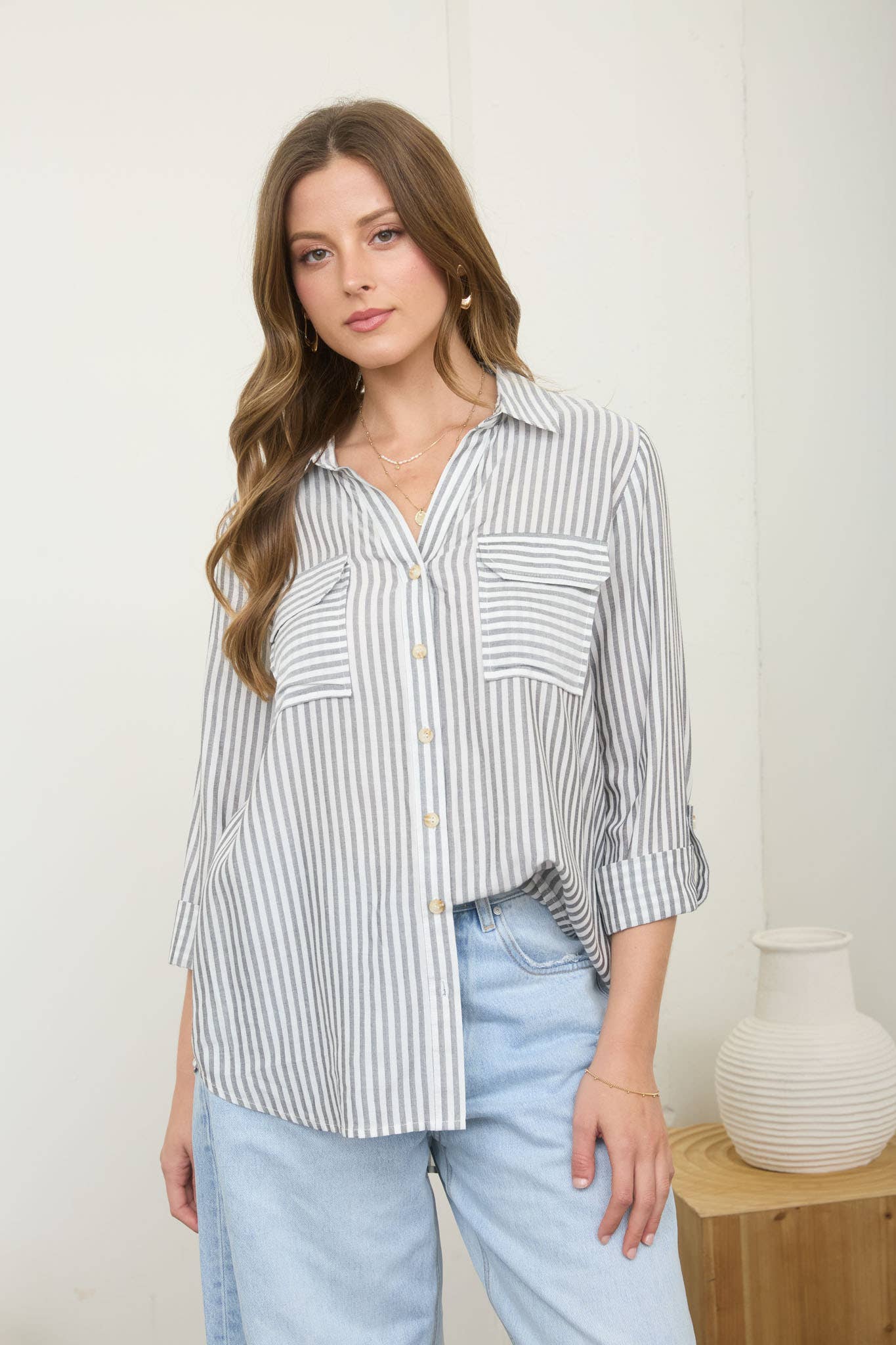 Stripe Collared Button Down Lightweight Shirt (Pre-Order)