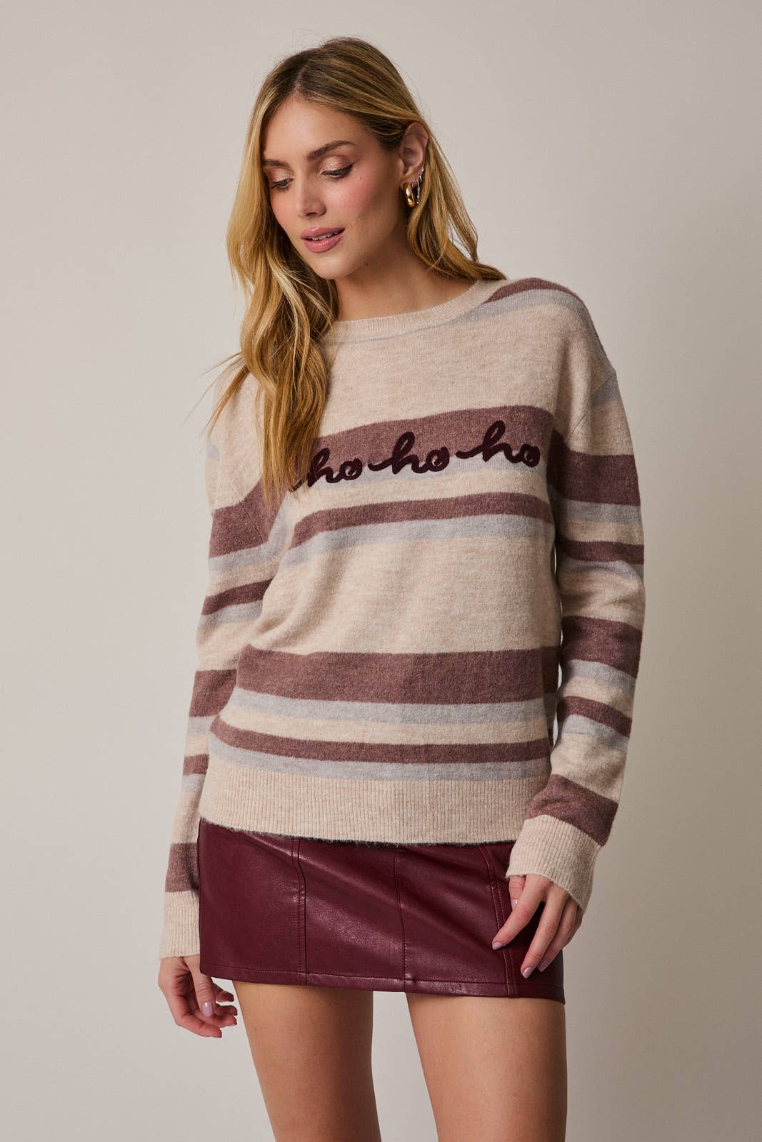 Crew Neck Long Sleeve "Hohoho" Stripe Sweater