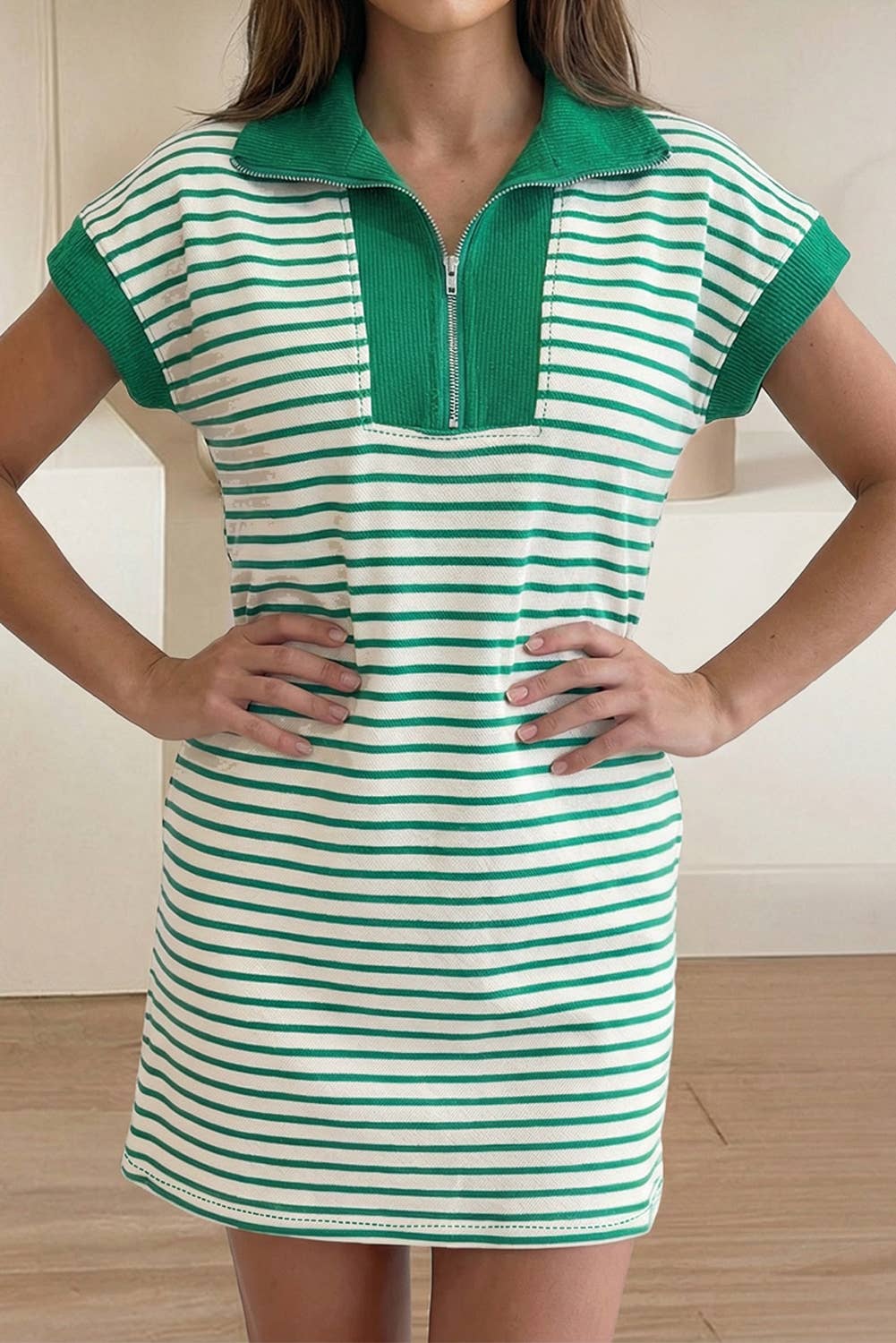 Stripe Quarter Zip Polo Collar Pockets T Shirt Dress (S-Xl)