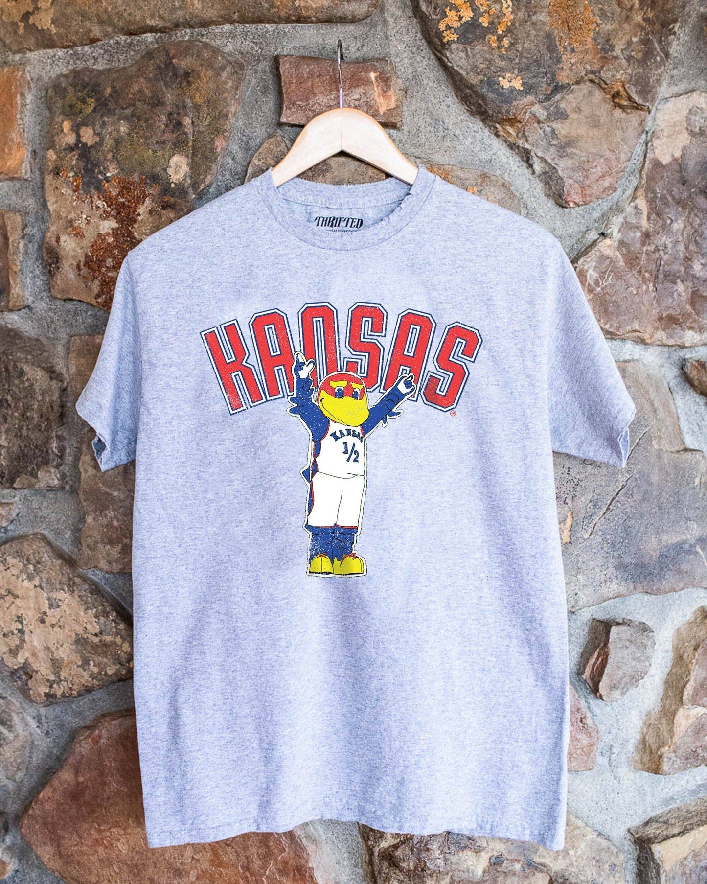 Ku Jayhawks Cartoon Mascot Puff Ink Gray Thrifted Tee