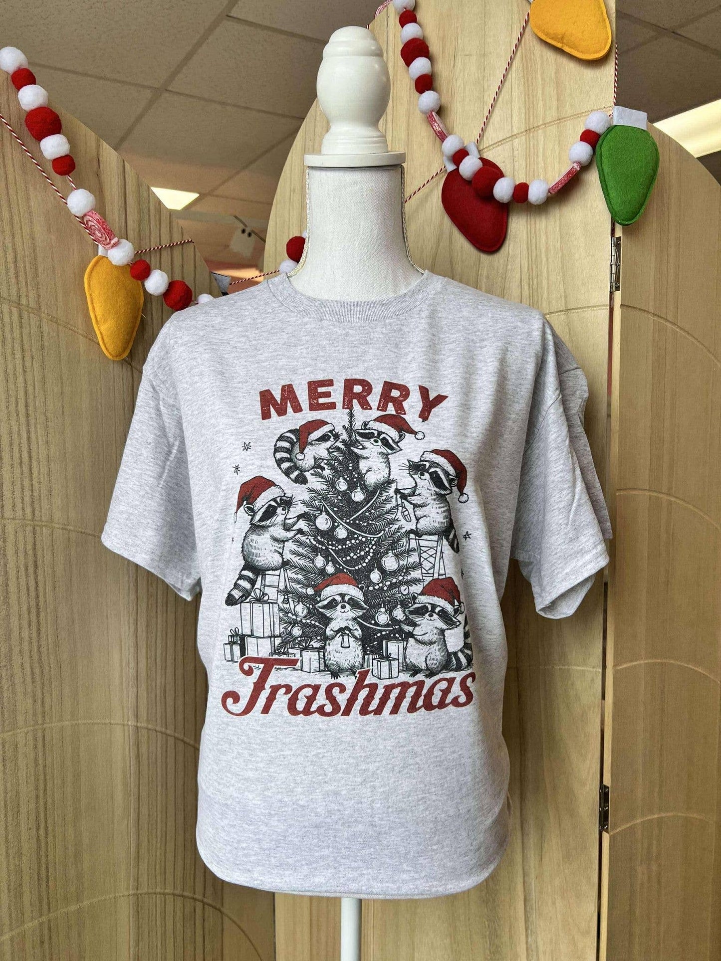 Merry Trashmas Raccoons Decorating Tree On Ash Gray Tee