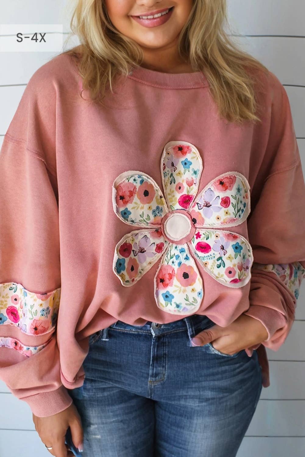 Floral Applique Patchwork Drop Sleeve Sweatshirt (S-4X