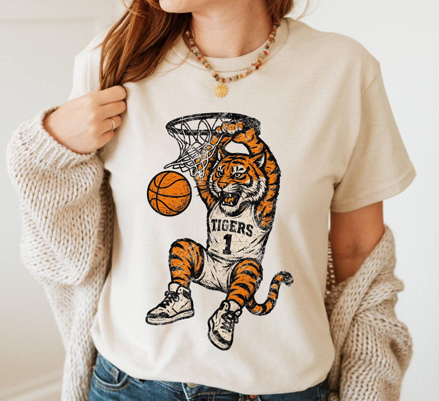 Tigers Basketball Retro Chalk Team Mascot School Spirit Tee