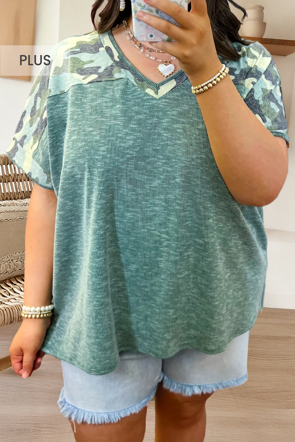 Ribbed Camouflage Patchwork Plus Size V Neck Tee