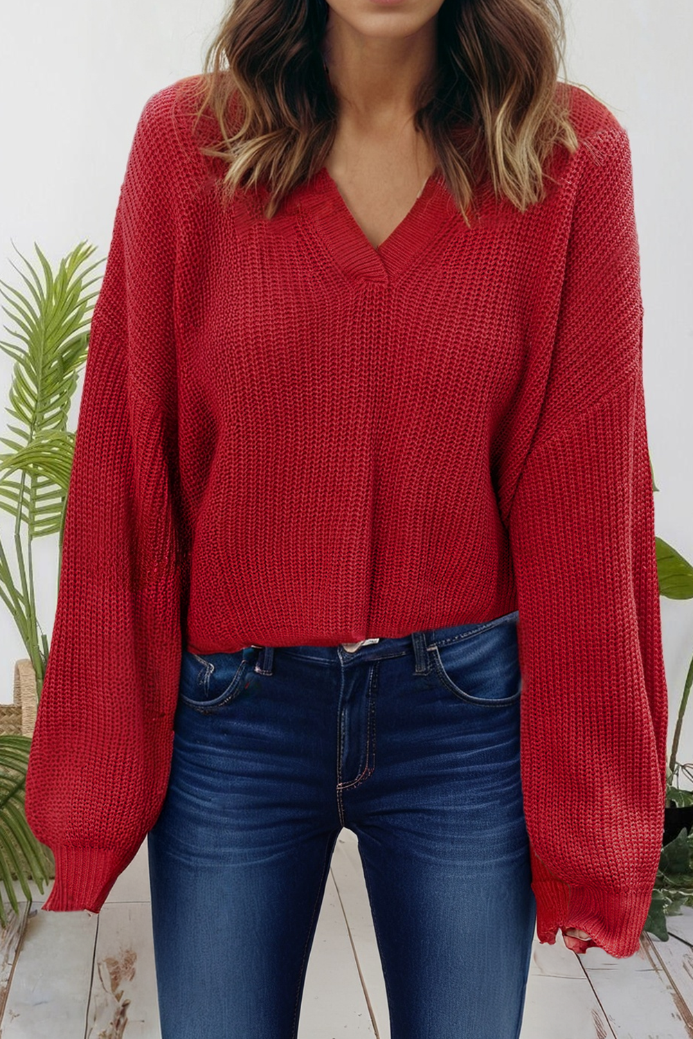Solid Textured Knit V Neck Drop Shoulder Sweater (S-Xl)