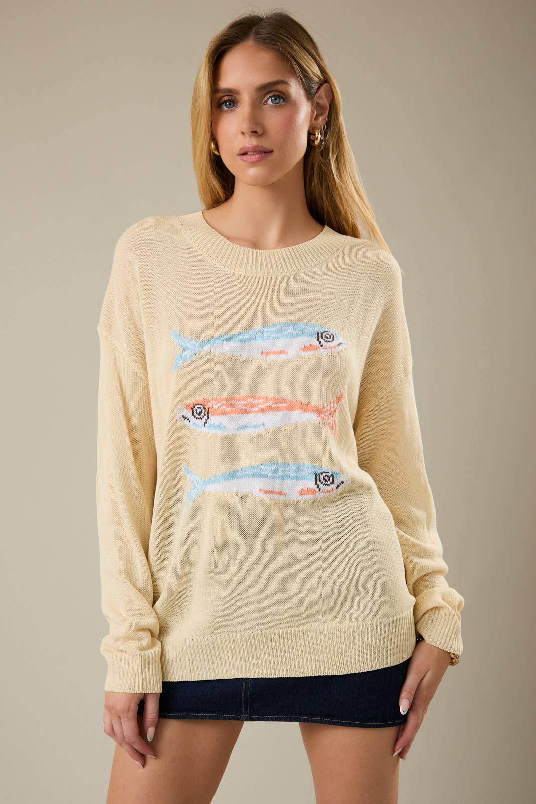 Round Neck Long Sleeve "Fish" Graphic Sweater
