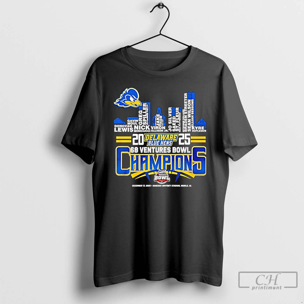 Classic Delaware Blue Hens 2025 68 Ventures Bowl Champions Player Name Skyline T Shirts Sweater