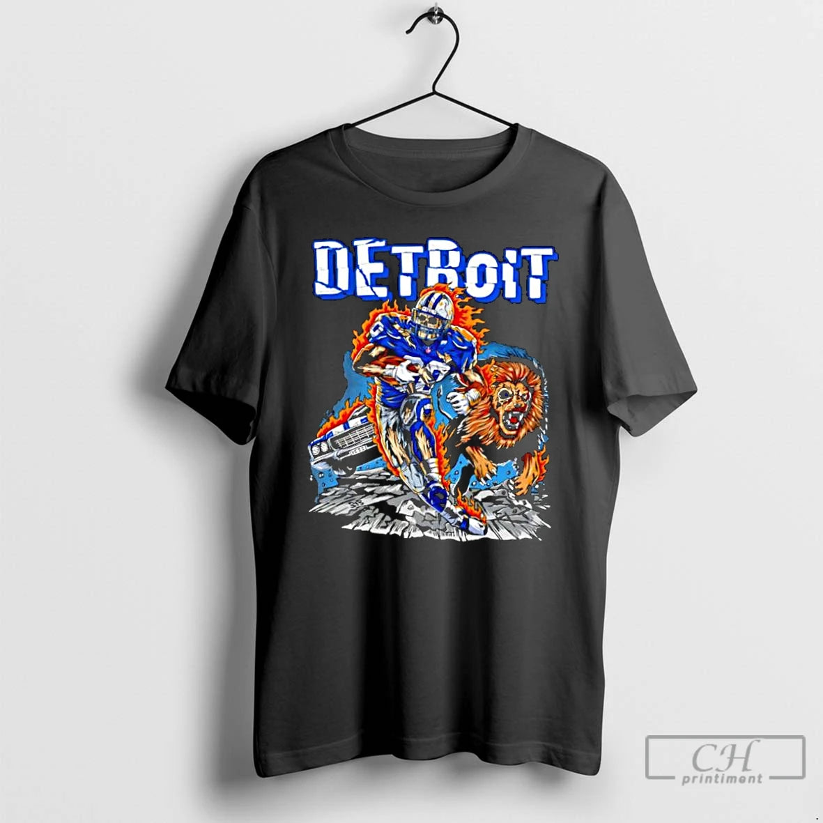 Classic Detroit Lions Skeleton Player 4 Running On Fire With Growling Lion Muscle Car