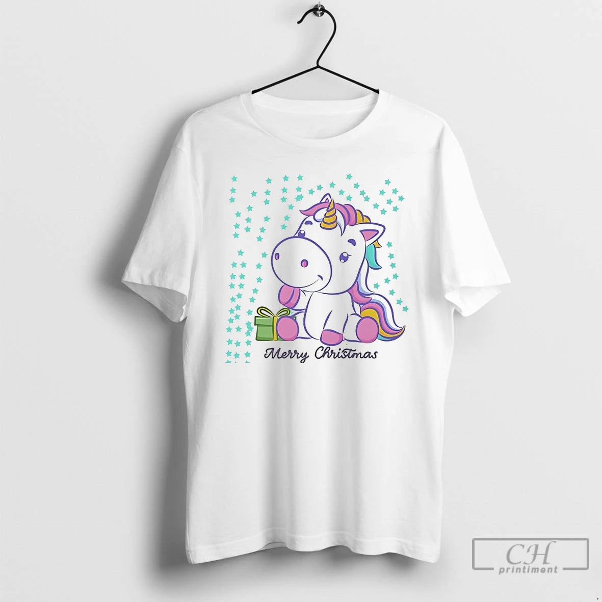 Classic Merry Christmas Unicorn Gift Box Stars White T Shirts