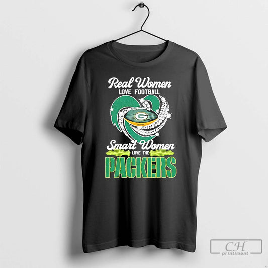 Classic Real Women Love Football Smart Women Love The Green Bay Packers Heart T Shirts