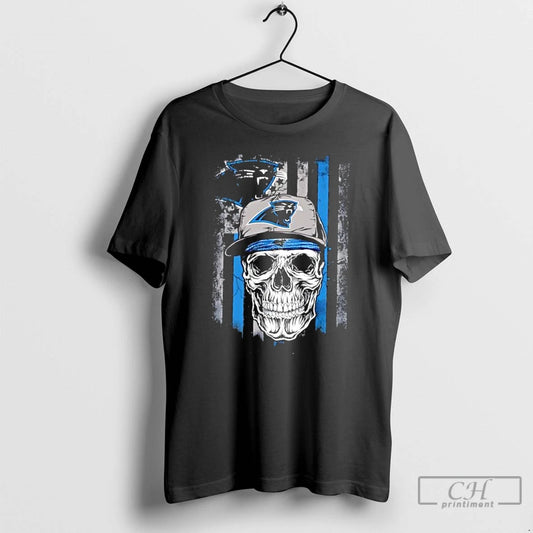 Classic Skull Wearing A Cap Carolina Panthers Us Flag
